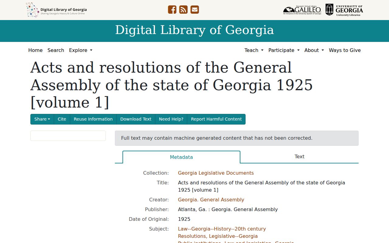 Digital Library of Georgia record for the 1925 Alma appearance docket law