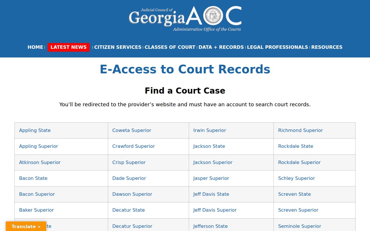 Georgia E-Access directory routing Bacon County court case searches