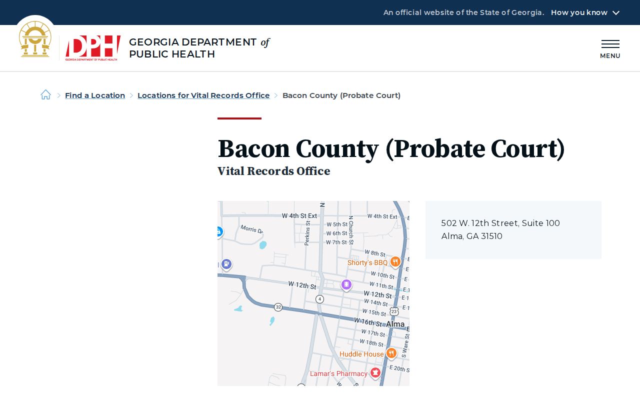 Official Georgia listing for Bacon County Probate Court
