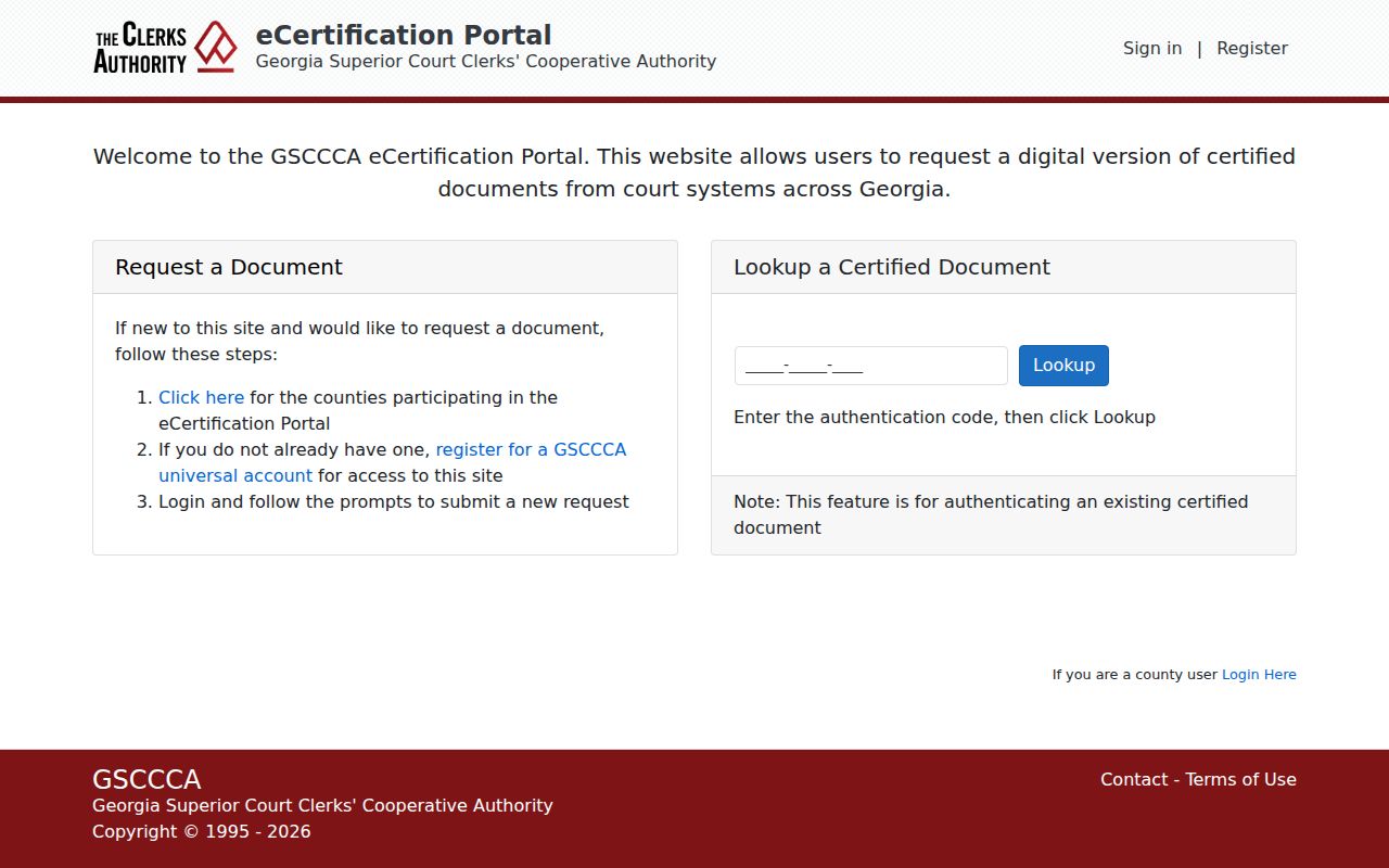 GSCCCA eCertification portal for certified Bacon County civil court documents