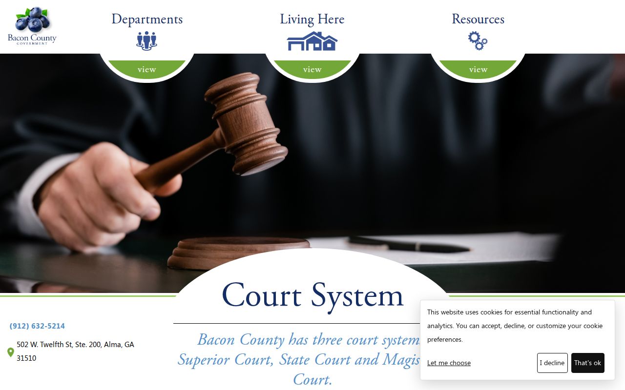 Official Bacon County court system page showing criminal court jurisdiction
