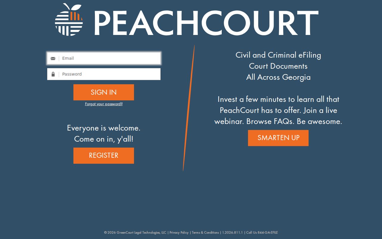 PeachCourt login and registration screen for Bacon County criminal case information