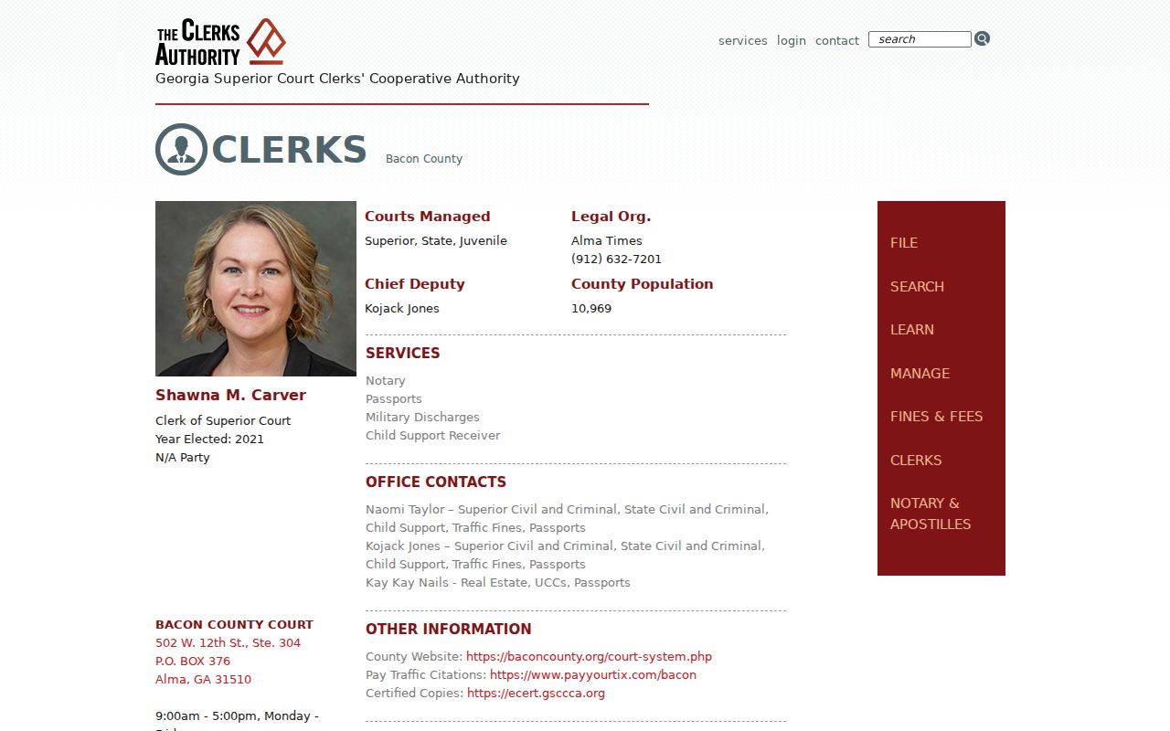 Bacon County court docket clerk profile