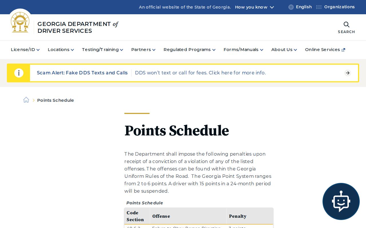 Georgia DDS points schedule